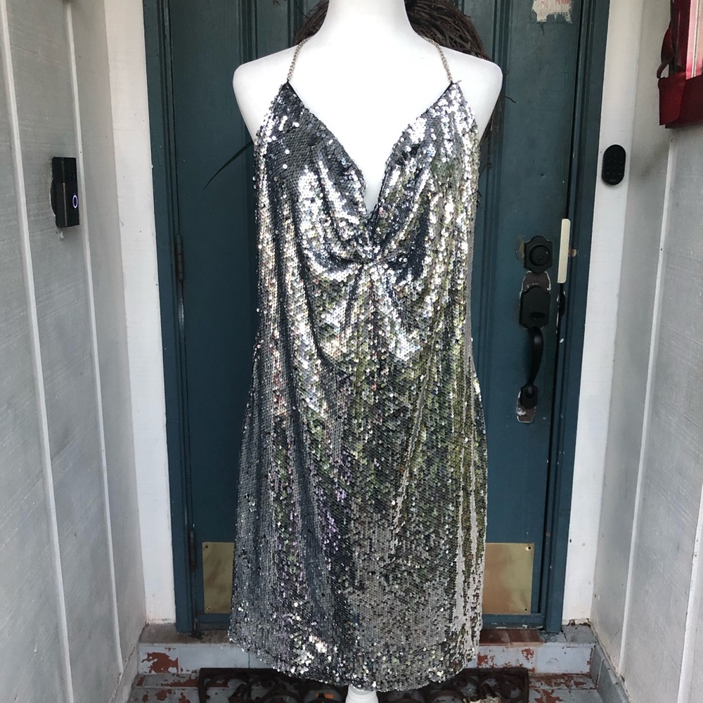Silver sequence halter top dress
